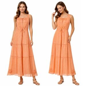 NWT Lulus Embroidered Floral Boho Cottagecore Maxi Dress in Coral | XS